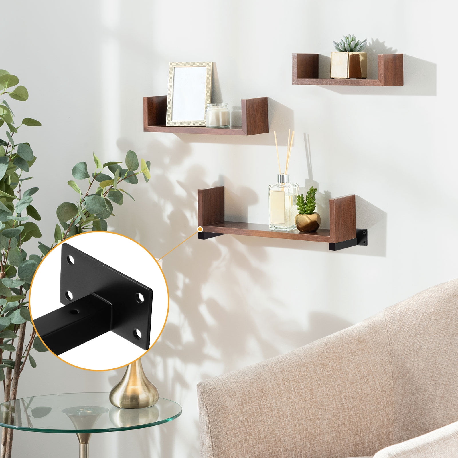 Floating Shelf Bracket,4 Pack 20 Inch Iron Hidden Wall Mounted Shelf Supports (Black)