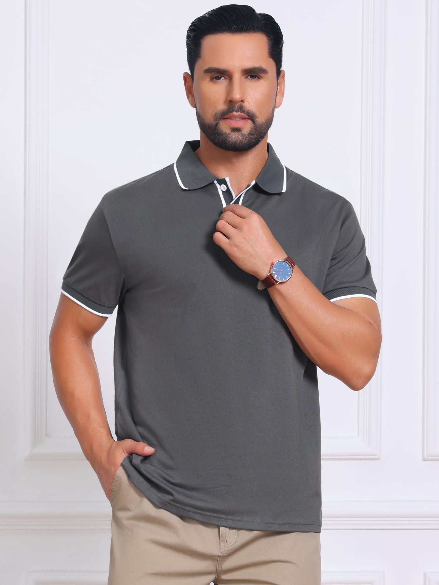 DARING DIVA Men's Contrast Trim Short Sleeve Button Closure Polo Shirts L Dark Gray