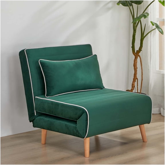 JERFIT 3-Position Velvet Sleeper Sofa Bed, Green Convertible Chair with Pillow for Small Spaces