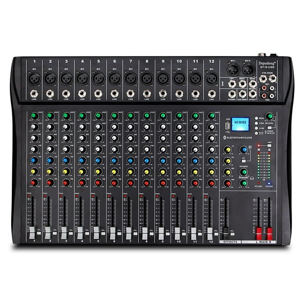 Depusheng DT12 Mezclador de audio de estudio Interfaz de controlador de sonido DJ de 12 canales con unidad USB para entrada de grabación de computadora, conector de micrófono XLR, alimentación de 48 V