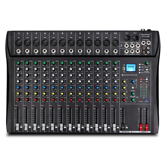 Depusheng DT12 Mezclador de audio de estudio Interfaz de controlador de sonido DJ de 12 canales con unidad USB para entrada de grabación de computadora, conector de micrófono XLR, alimentación de 48 V