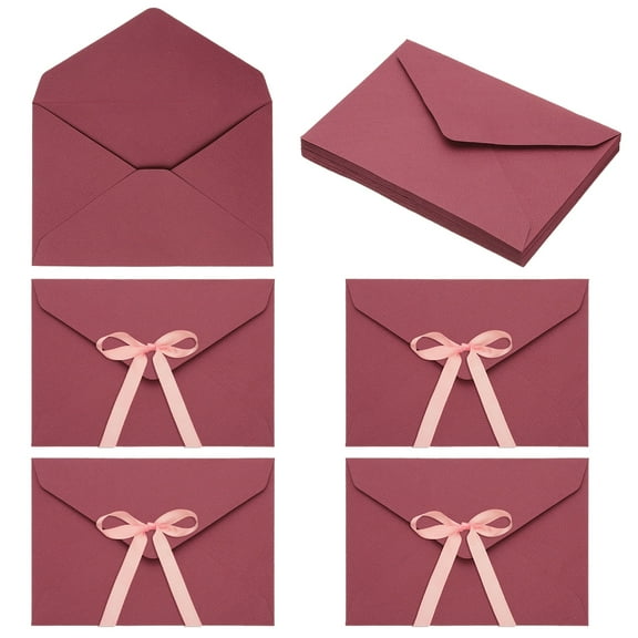 Uxcell 20 Pack Greeting Card Envelopes with Ribbon Bow, 6.3" x 4.4" Tiny Items Storage Vintage Cute Present Card Holder for Wedding Greeting Party Postcards, Red
