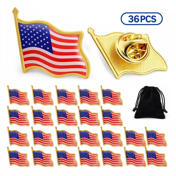 HUIANER American Flag Lapel Pins, 36-Pack, 0.75 x 0.71 Inches, Metal Enamel Waving Flag, Patriotic Badge