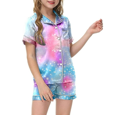 VOUZZA Baby Girls Loungewear Set Stars Print Short Sleeve Button Down Shirt and Shorts 2 Piece Satin Home Suit Silk Like Indoor Playwear for Kids