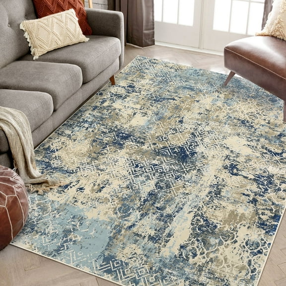 Haperlare 8'x10' Abstract Geometric Rugs for Living Room Washable Non Shedding Area Rugs Contemporary Indoor Floor Rugs Carpet for Bedroom Home Office, Blue
