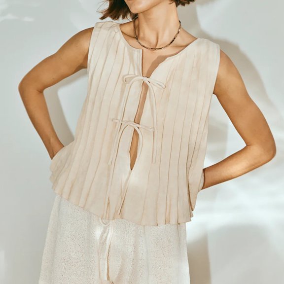 Women's Tennis Tanks Tie Front Tank Top Ruffle Shirt Women Sleeveless Pleated Shirts Casual Vest Cute Shirts Khaki M