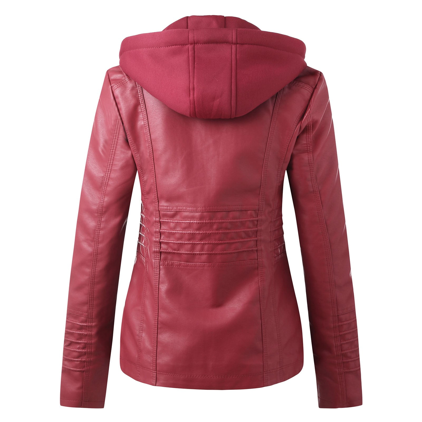 Women's Faux Leather Jacket Plus Size Stand Collar Zipper Outerwear Casual Removable Hoooded Motorcycle Jacket Coats Red 3Xl