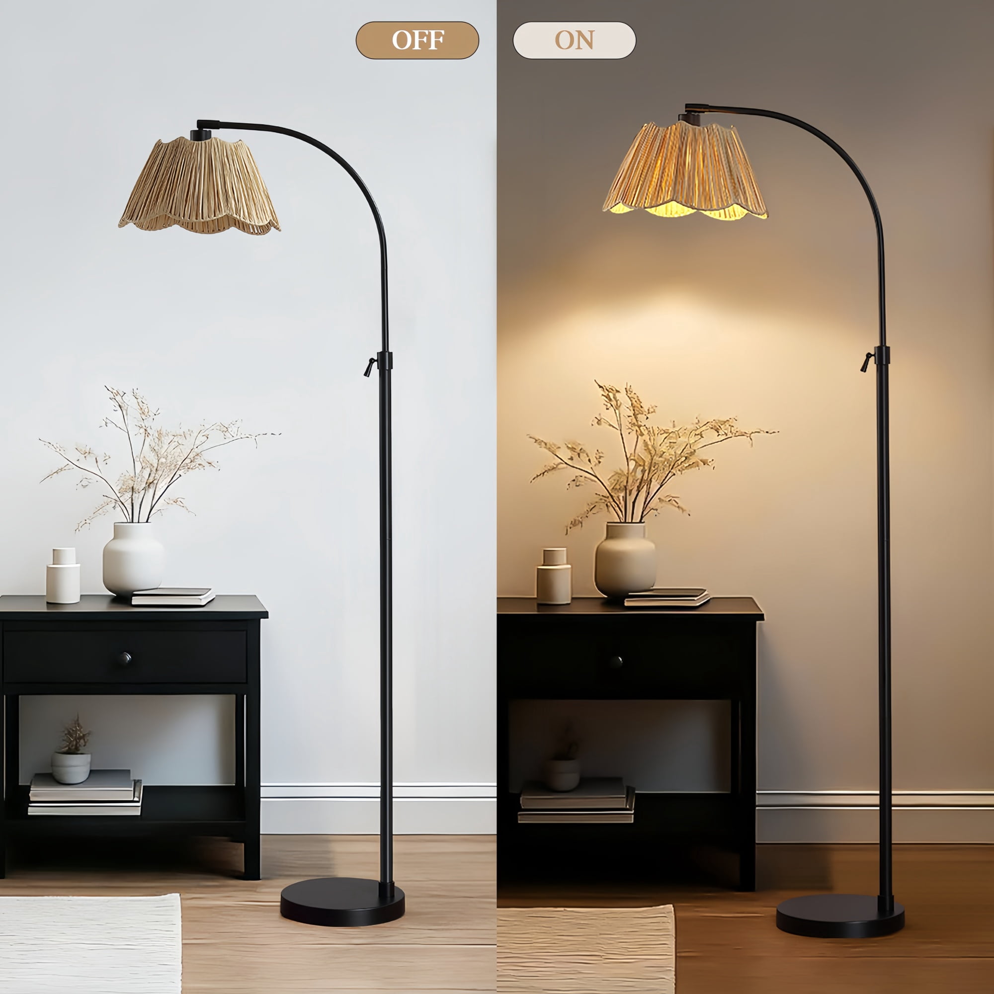 RORIA Adjustable Arc Floor Lamp with Paper-Woven Shade, Black Metal Standing Lamp with Foot Switch, 54-64” Height Adjustable, for Living Room Bedroom Office.
