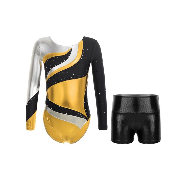 Miutii Gymnastics Leotard for Girls Long Sleeve Metallic Tumbling Unitard Kids Athletic Dance Biketard with Shorts Gold 8