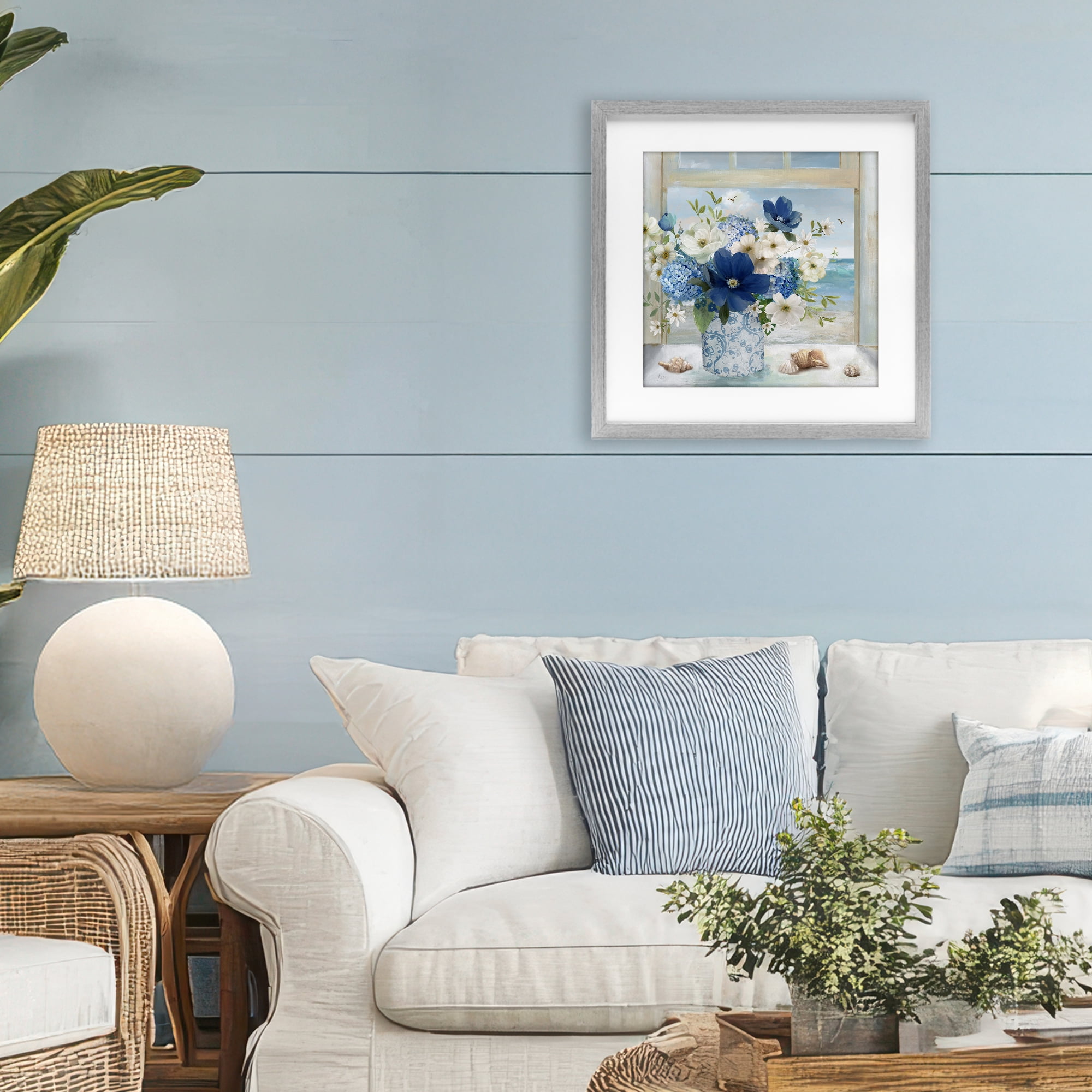 Stupell Industries Seaside Blue & White Arrangement Gray Framed Print Under Glass, design by Nan
