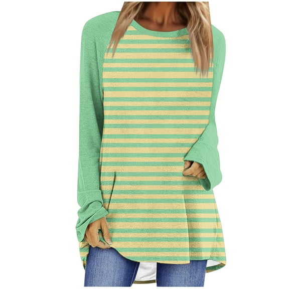 SHTXOZHI Women's Long Sleeve Tunic Tops Round Neck Striped Blouse Color Block Loose Shirts