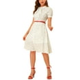 thumbnail image 4 of INSPIRE CHIC Women's Peter Pan Collar Tie Neck Short Sleeves A-Line Elegant Belted Vintage Floral Dress XS White, 4 of 8
