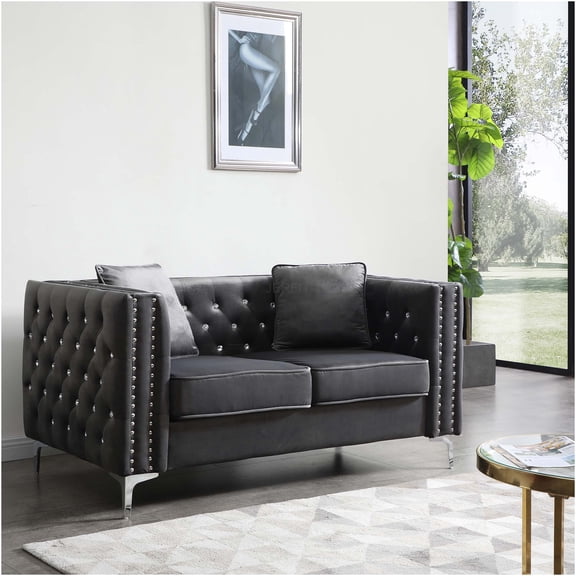 JERFIT Modern Velvet Loveseat Sofa for Small Space, Upholstered Track Arm Couch with Foam Cushions, Gray Contemporary Two-Seater for Living Room, Apartment