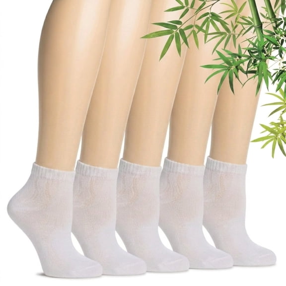 Bamboo Diabetic Quarter Socks for Men & Women, Seamless Toe, Non Binding, Moisture Wicking,5 Pairs,White,Size:9-11