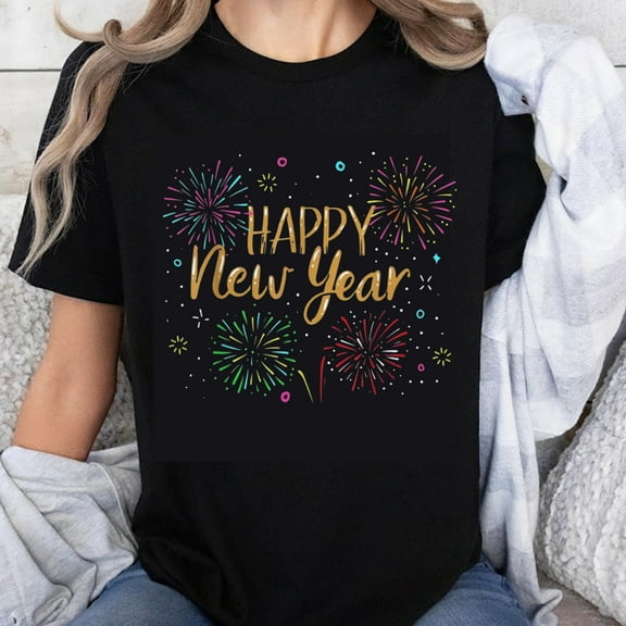 100% Cotton Happy New Year Fireworks Celebration T-Shirt For Women Men Unisex Casual Party Shirt Holiday Gift Top