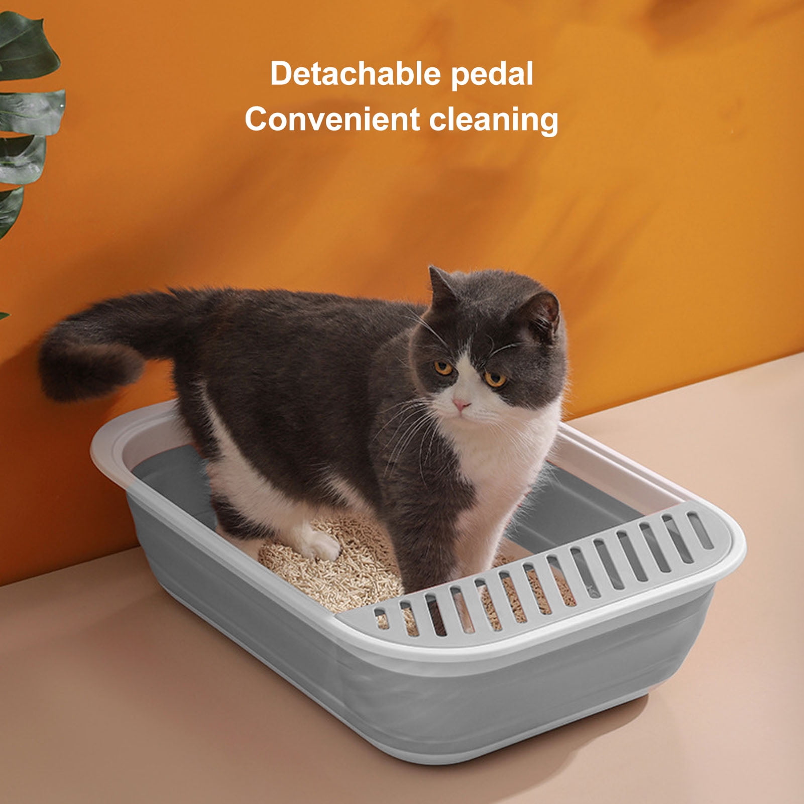 BIMZUC Collapsible Semi Enclosed Cat Litter Box with Scoop Splash Proof Kitten Toilet Bedpan, 18.1 inches / 46 cm Length, Portable Pet Potty Pan for Indoor Cats & Small Pets, Grey