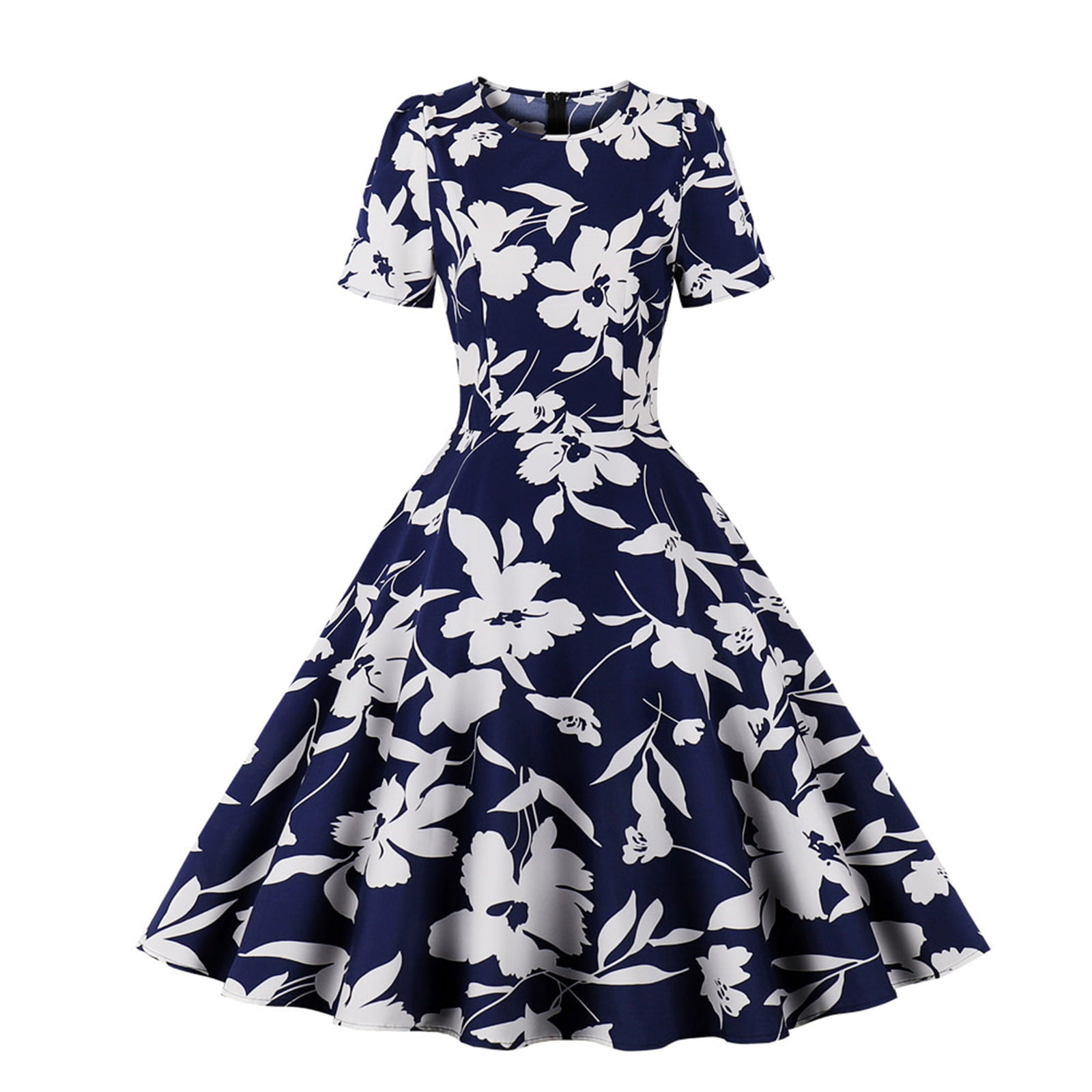 Summer Savings Clearance 2023 WJSXC Women s Round Neck Dresses For Women Beach Floral Print Short Sleeve Zipper Swing Dress Dark Blue XL Walmart