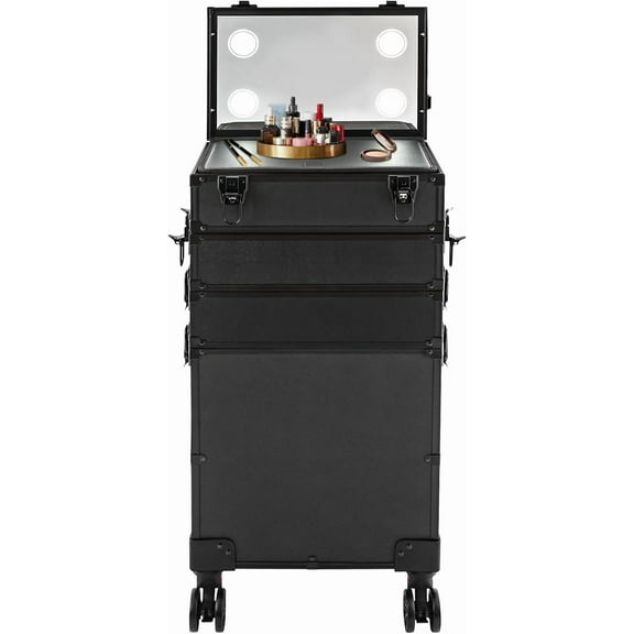 4 in1 Aluminum Rolling Makeup Train Case, Cosmetic Lockable Trolley with Mirror of LED Lighted 3 Color Salon Barber Case Traveling Cart Trunk with Storage box for Freelance Makeup Artist