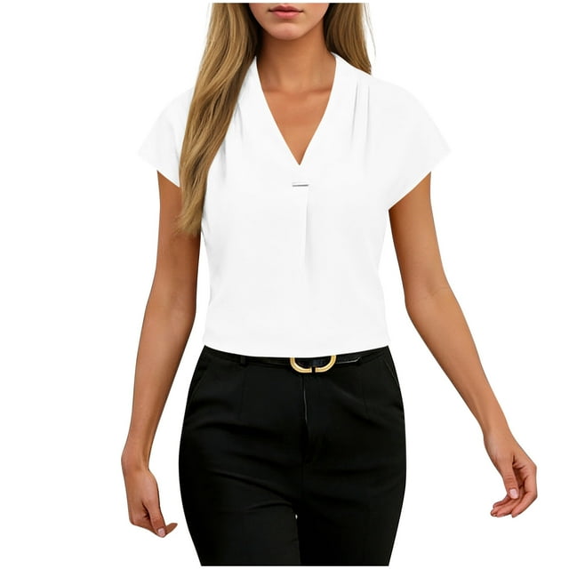 Ltctricy Blouses pour Femmes à Manches Courtes Style Cap, Col en V, Plissées, Tuniques de Bureau Décontractées, Hauts Habillés, T-Shirts, Chemises de Travail de Bureau