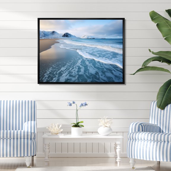 Designart "Coastal Tranquility White Wave Calm II" Coastal Framed Wall Art - Coastal White Coastal Beach Hallway Framed Wall Art Decor