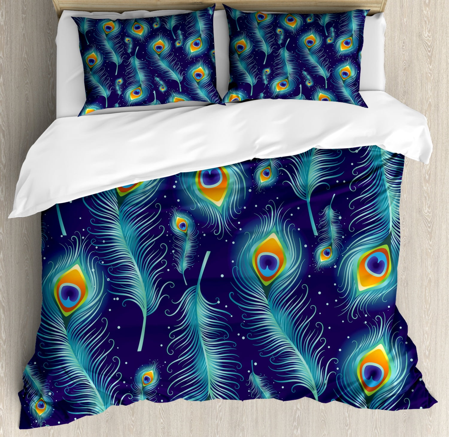 Peacock Duvet Cover Set, Graphic Peacock Bird Feathers Artistic