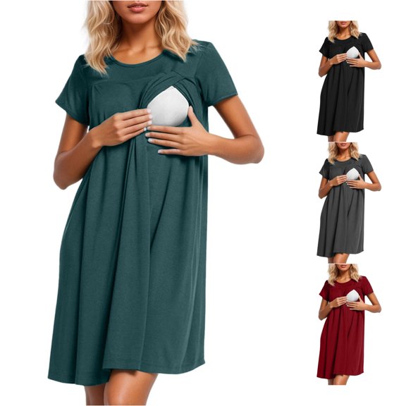 Gyujnb Classic Crew Neck Short Sleeve Maternity Nursing Nightgown Wrap Hidden Lift Up Breastfeeding Opening Loose Flowy A Line Knee Length Soft Breathable Stretch Knit Gown,L