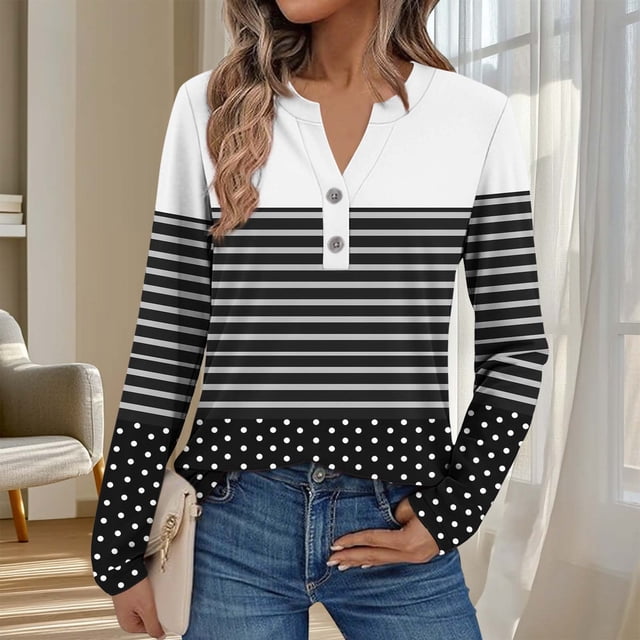Ailaofu Womens Long Sleeve Tops Fall Button V Neck Graphic Shirts Dressy Casual Henley Tops Women Blouses