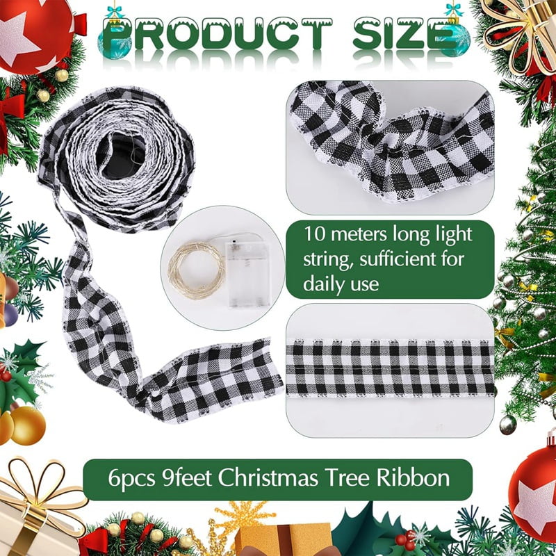 6 Rolls LED Rustic Christmas Tree Garland Ribbon Craft with LED Lights for Christmas Decorations Black&White