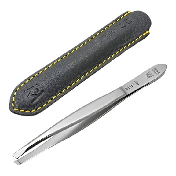 GERMANIKURE Precision Slanted Tip Stainless Steel Tweezers for Men & Women Facial Hair - Precision Eyebrow Tweezers, Fine Tip Professional Tweezers with Leather Case - Made in Solingen, Germany