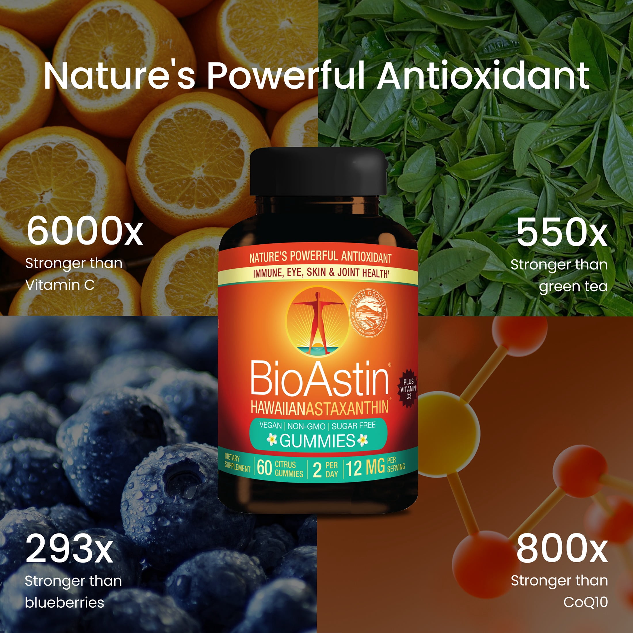 Nutrex Hawaii BioAstin Hawaiian Astaxanthin - Antioxidant Support for Skin and Immune Health - First-Class Microalgae Grown in Kona - Non-GMO and Gluten-Free- Vegan - 12mg Dosage, 60 Citrus Gummies