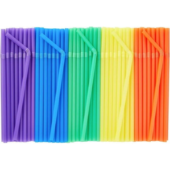 BZUEPRS 300 Pack Flexible Plastic Drinking Straws, Disposable Bendable Straws Bulk Set for Smoothies, 5 Colors (8.25 In)