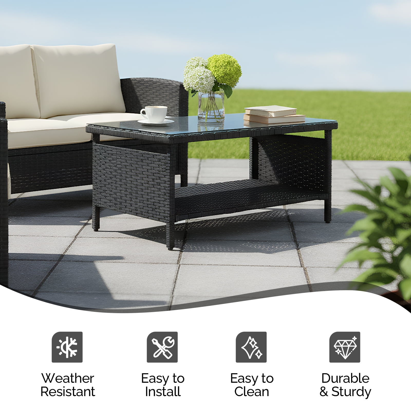Ktaxon X-Large Outdoor Wicker Coffee Table with Tempered Glass Top and Storage, Black