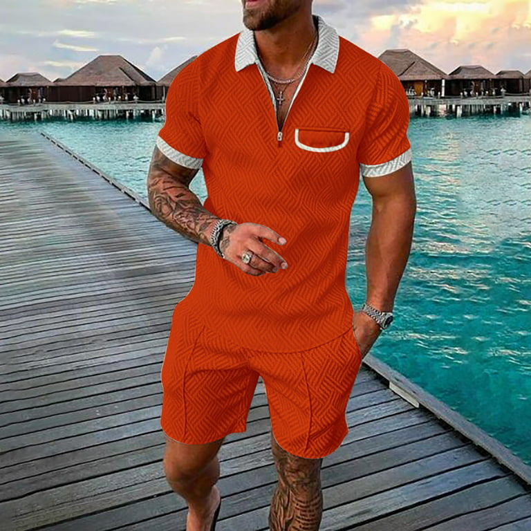 Vedolay Two Piece Set For Men Mens 2 Piece Summer Outfits Casual Shirts  Short Sleeve Tracksuit Stylish Polo Set,Orange 5XL
