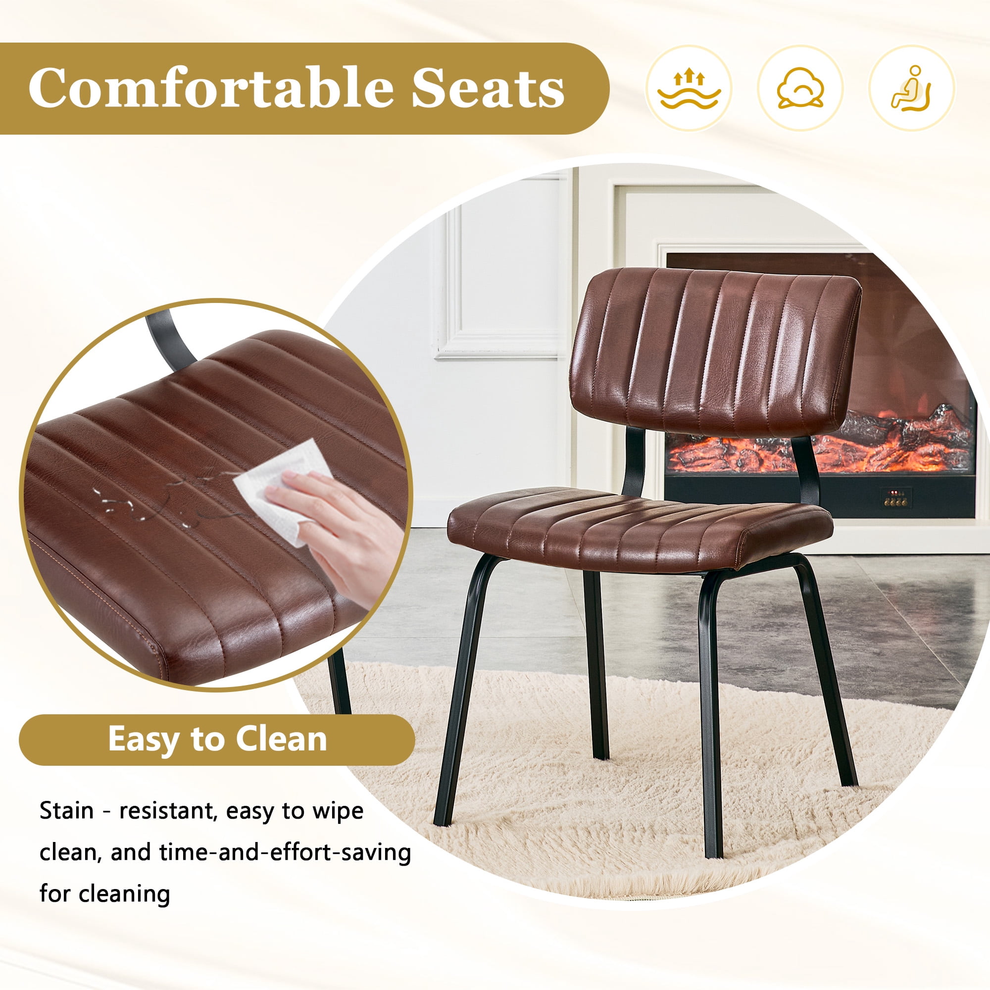 GARITIN 2 Pack Vintage Brown PU Leather Dining Chairs, Mid-Century Stripe Upholstered Side Chairs, Modern Industrial Accent Chairs with Black Metal Frame for Kitchen Dining Room