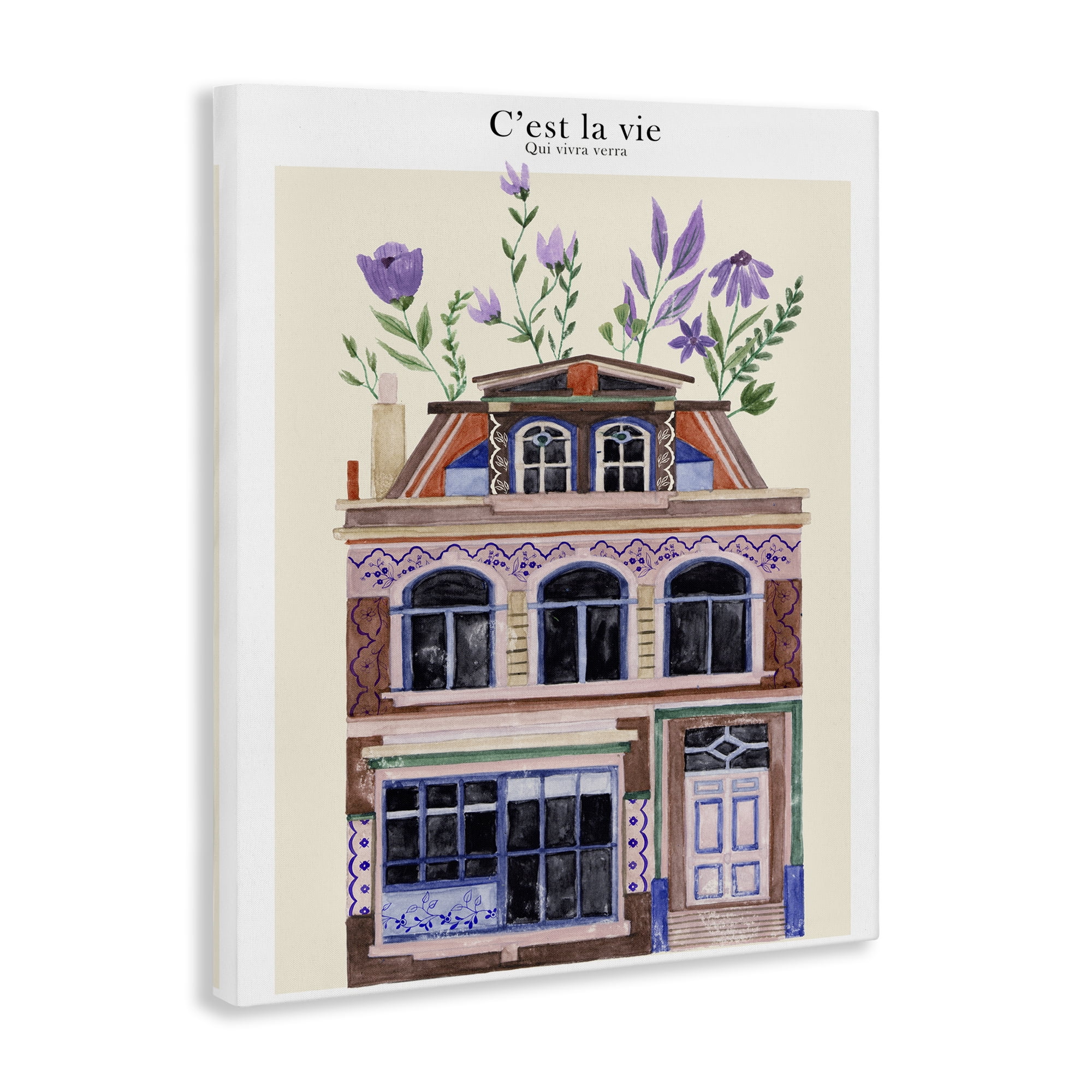 Stupell Industries Town Architecture with Blooms Buildings & Architecture Painting Wrapped Canvas Art Print Wall Art, 36 x 48