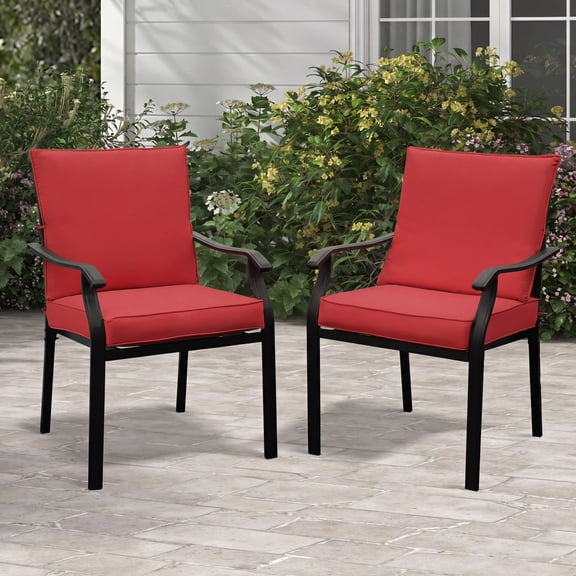 2 Pieces Patio Dining Chairs, Outdoor Metal Chairs with Armrests & Cushion, Metal Frame Stackable Patio Dining Chairs, Wrought Iron Outdoor Chairs for Garden, Balcony, Deck (2 Pieces, Red Cushion)