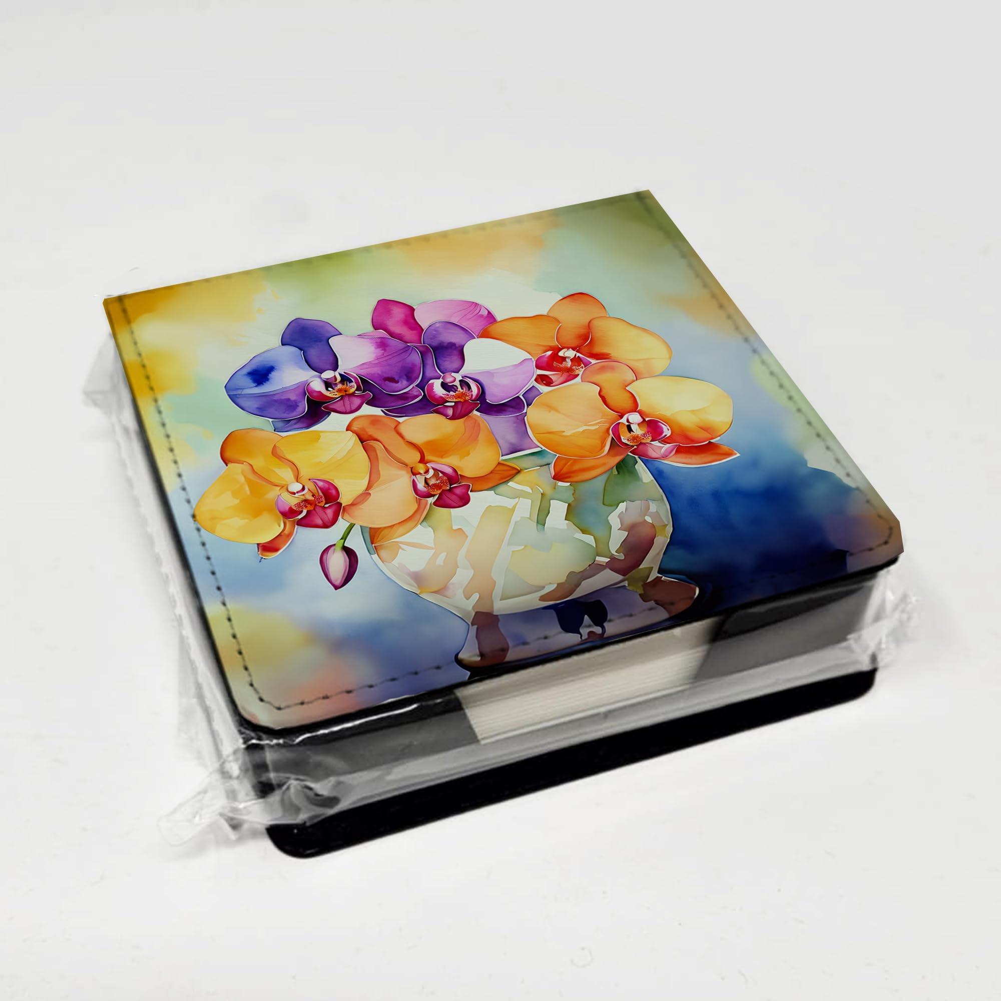 Caroline's Treasures Orchids in Watercolor PU Leather Note Paper Holder with Artist-Designed Cover, Desk Accessory, Office Gift