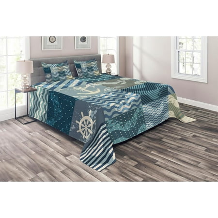 Nautical Patchwork Quilt Nautical Coverlet Set, Marine Theme Wave Patterns in Patchwork Style Boxes Squares Striped Anchor Print, Decorative Quilted Bedspread Set with Pillow Shams Included, Blue Beige, by Ambesonne ()