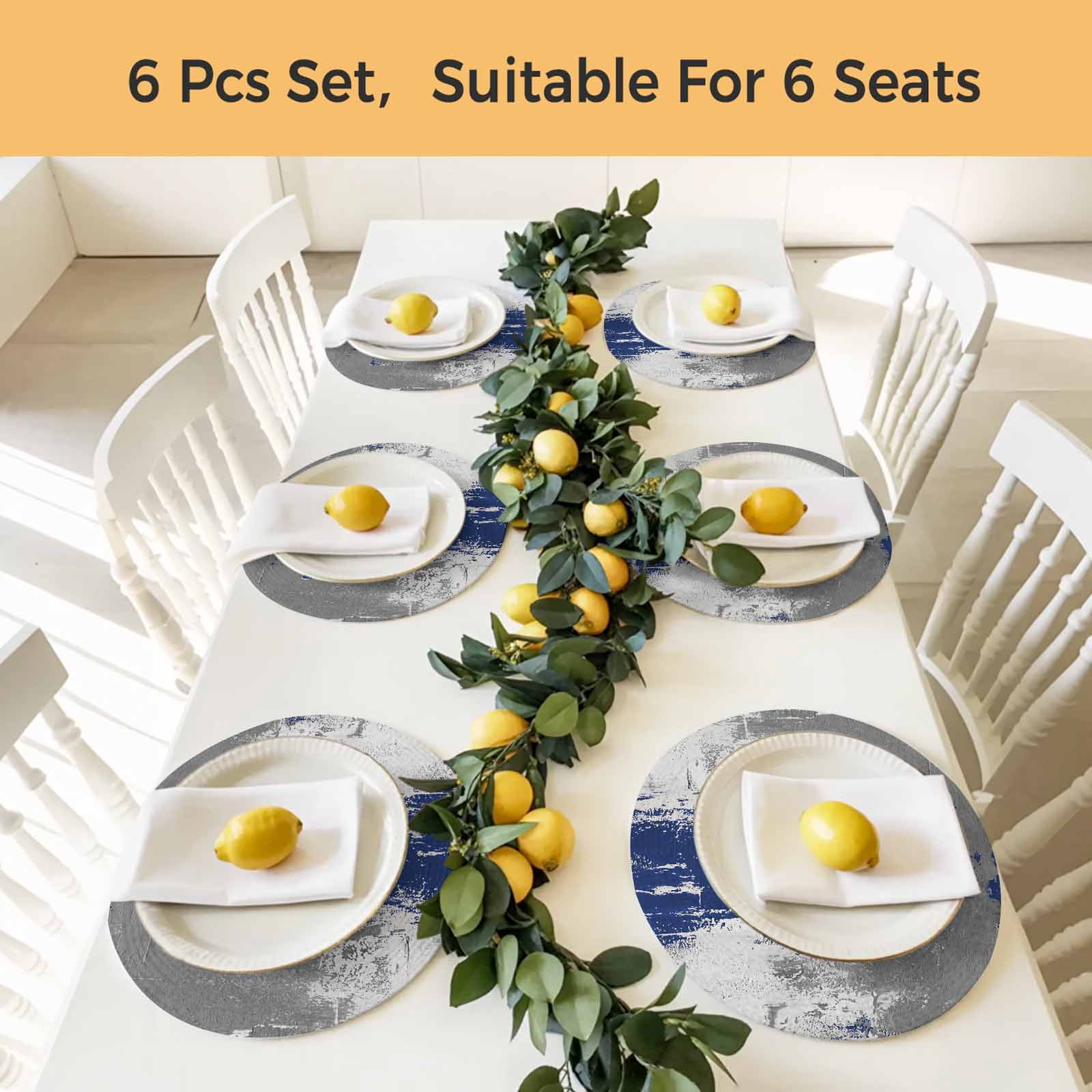 Navy Blue Cement Gray Round 13 Inch Placemats Set of 6, Modern Abstract Art Blue HeatResistant Non Slip Place Mats for Dining Table, Wipeable Braided Kitchen Table Mats for Housewarming