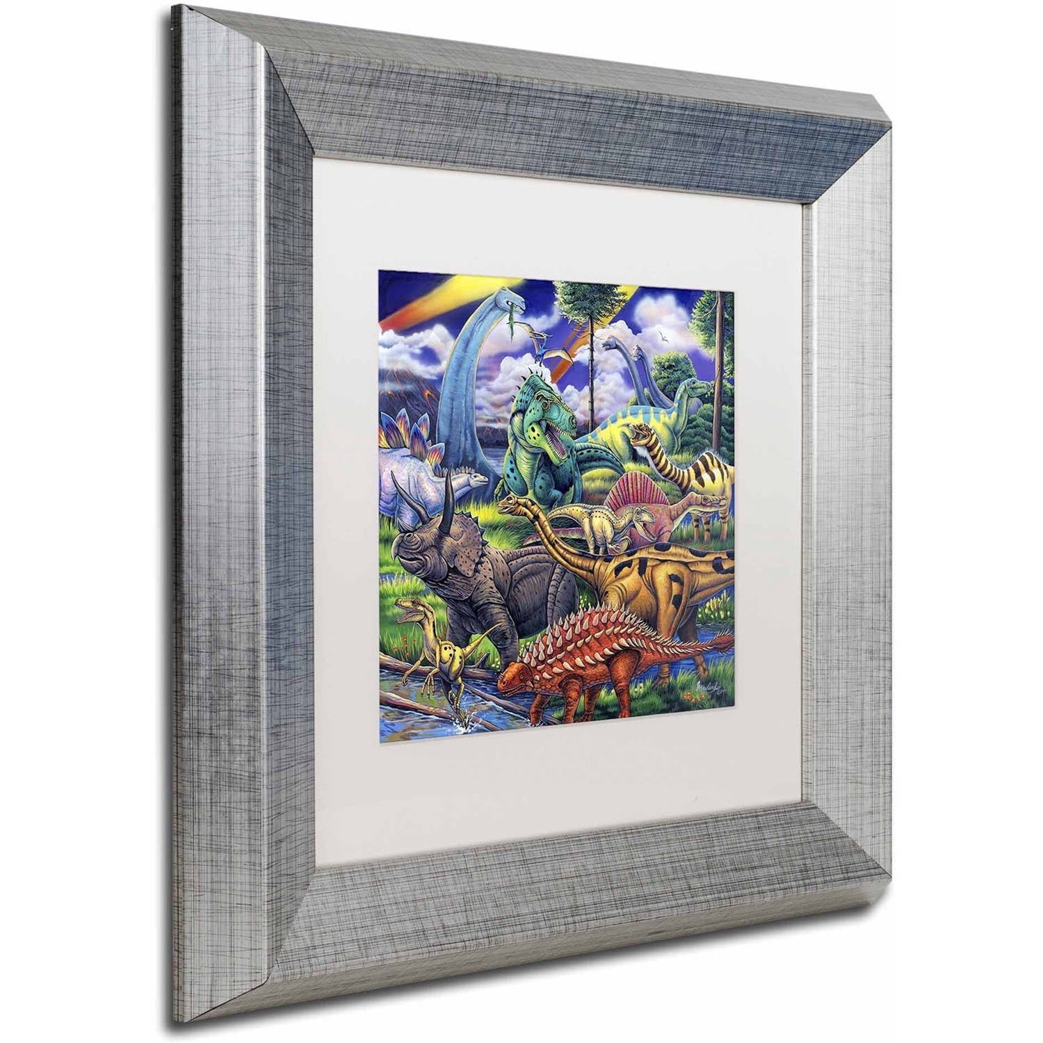 Trademark Fine Art 'Dinosaur Friends' Canvas Art by Jenny Newland, White Matte, Silver Frame