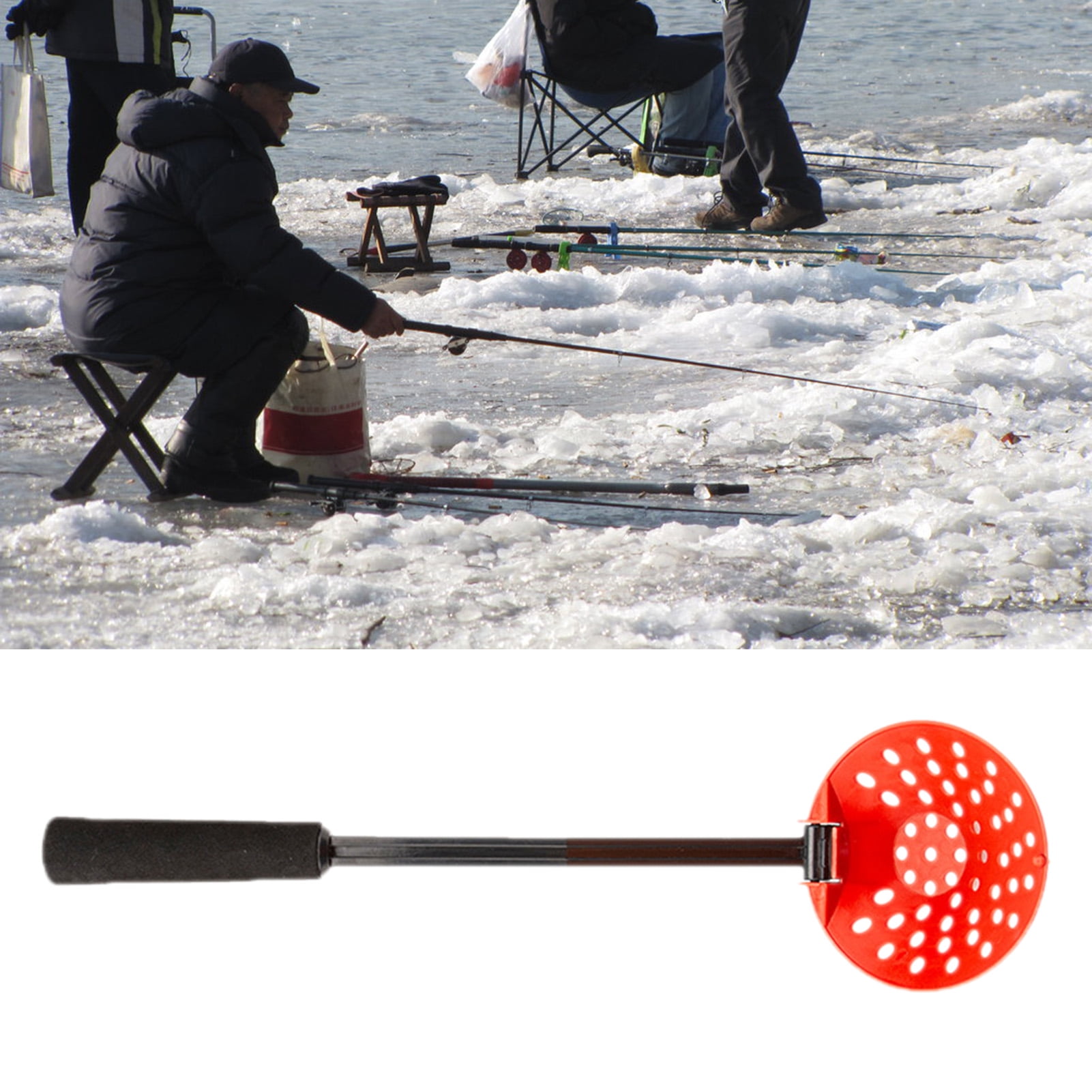 Plastic Skimmer Scoop Laying on Ice while Ice Fishing Stock Image