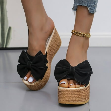 

Wavsuf Wedge Sandals for Women Beach Bow Casual Summer Black Slippers Size 5.5