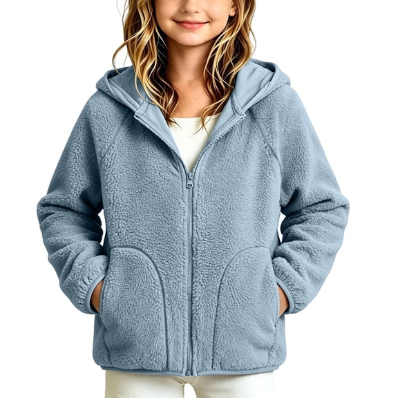 Spazoro Girls Fleece Hooded Jacket with Pockets, Solid Color Soft Loose Fit Zip Up Warm Long Sleeve Winter Outerwear Coat for Daily Wear Light Blue Size 6-7