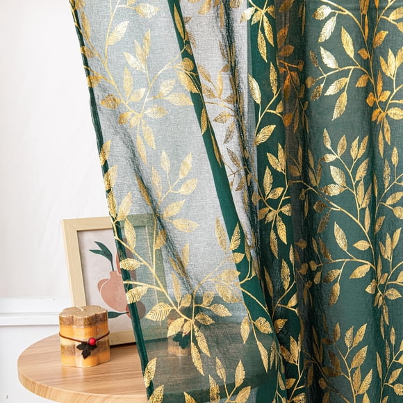 Sutuo Home Dark Green Sheer Curtains 96 Inch Length 2 Panels Set, Gold Foil Print Metallic Bronzing Leaves, Privacy Window Treatment Decor Drape Pair for Bedroom Nursery Room 52" W x 96" L