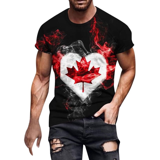Chandail Canada Homme Fête du Canada Drapeau Manches Courtes T-Shirt Érable Haut Col Rond Été Hauts Patriotiques