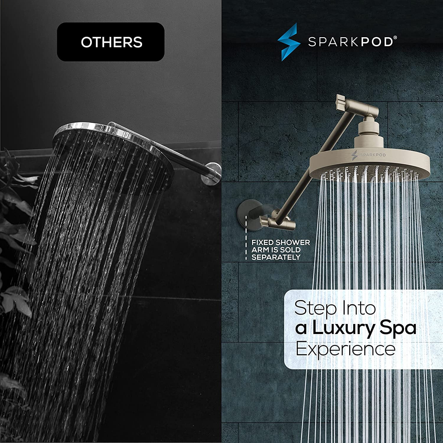 SparkPod Rain Shower Head with Adjustable Extension Arm 11" - High Pressure, Easy Install (6" inch Shower head, Brushed Nickel)