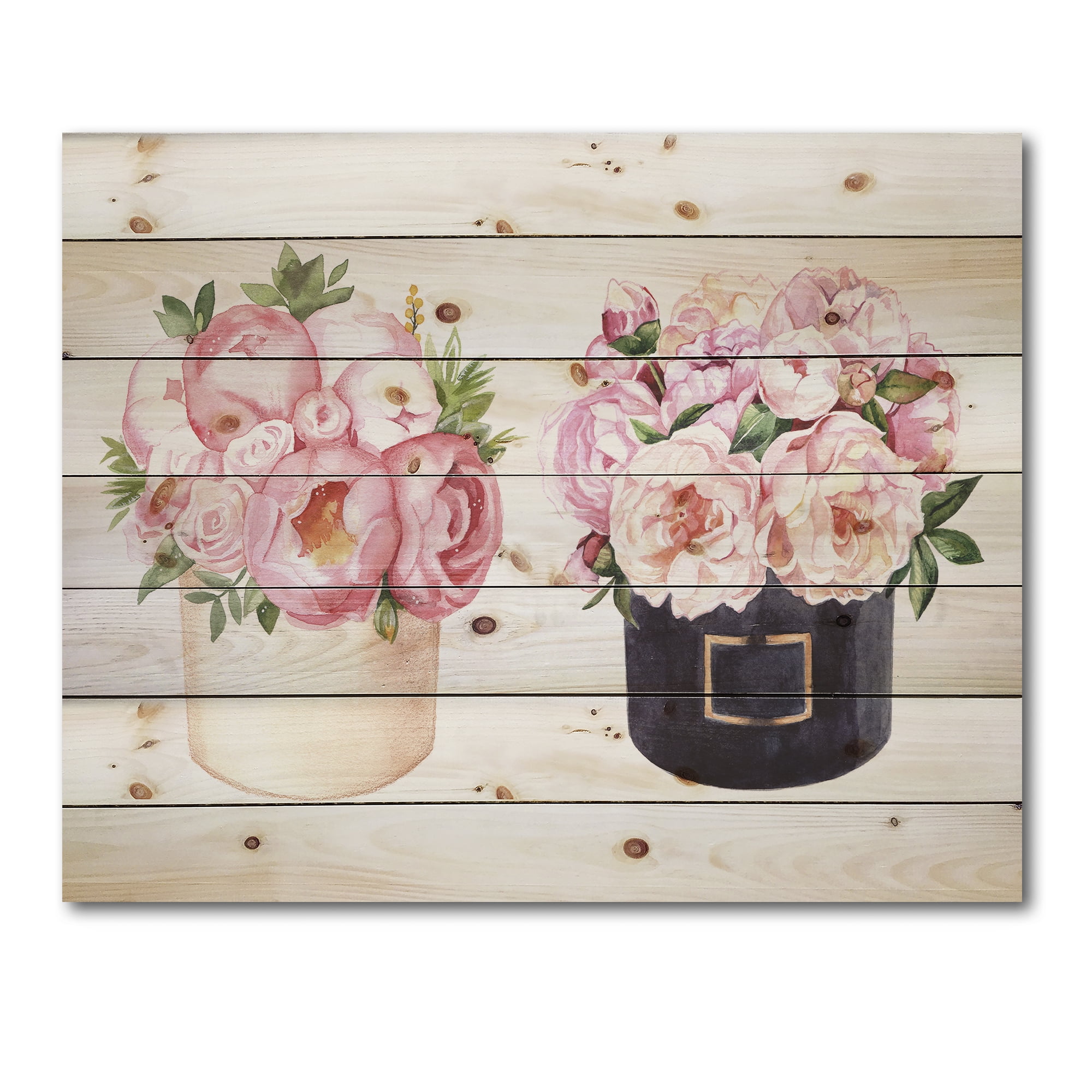 Designart 'Peonies and Rose With Flower Box' Farmhouse Print on Natural Pine Wood