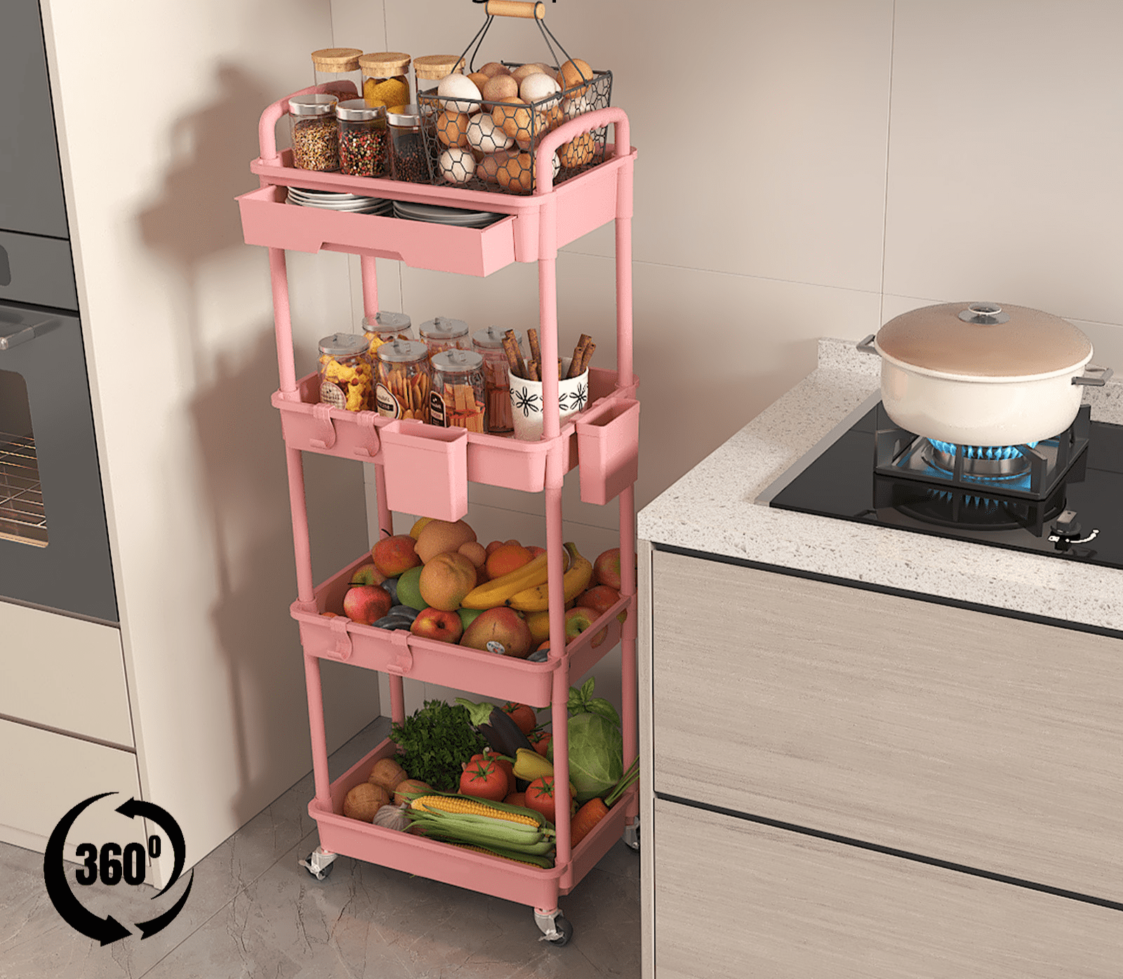 LLMRR 4 Tier Rolling Utility Cart with Drawer, Cart with Drawer & Handle, Bathroom Cart Organizer, Rolling Storage Cart with Drawer, Rolling Cart with Lockable Wheels for Kitchen, Office, Pink