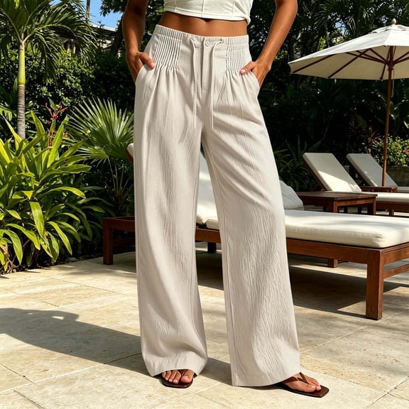 Guieoi Palazzo Pants for Women Casual Versatile Drawstring Button-Front Straight-Leg Summer Work Trousers Beige L