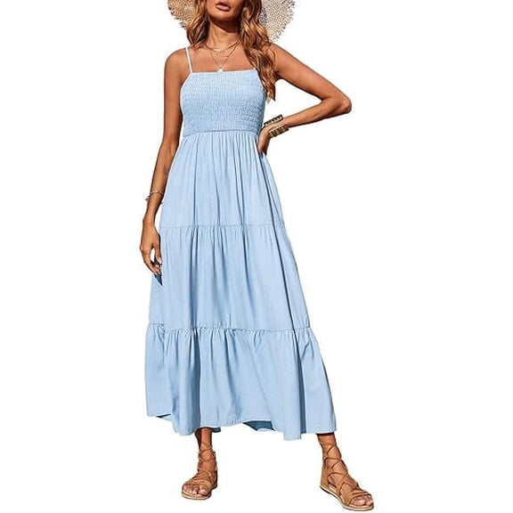PRETTYGARDEN Women's Summer Maxi Dress Casual Boho Sleeveless Spaghetti Strap Smocked Tiered Long Beach Sundresses